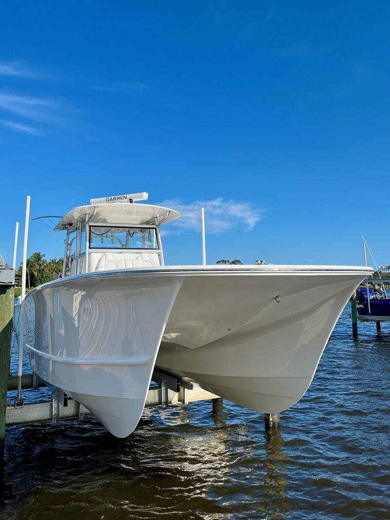 Center console over the water, finished and back on the lift